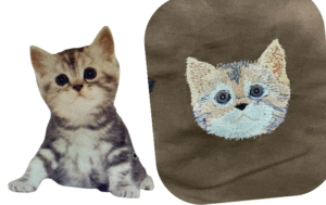 ネコの写真。愛猫の姿を刺繍に残すための参考写真と愛猫の写真をもとに作成したリアル刺繡。毛並みや表情を忠実に再現した刺繍作品